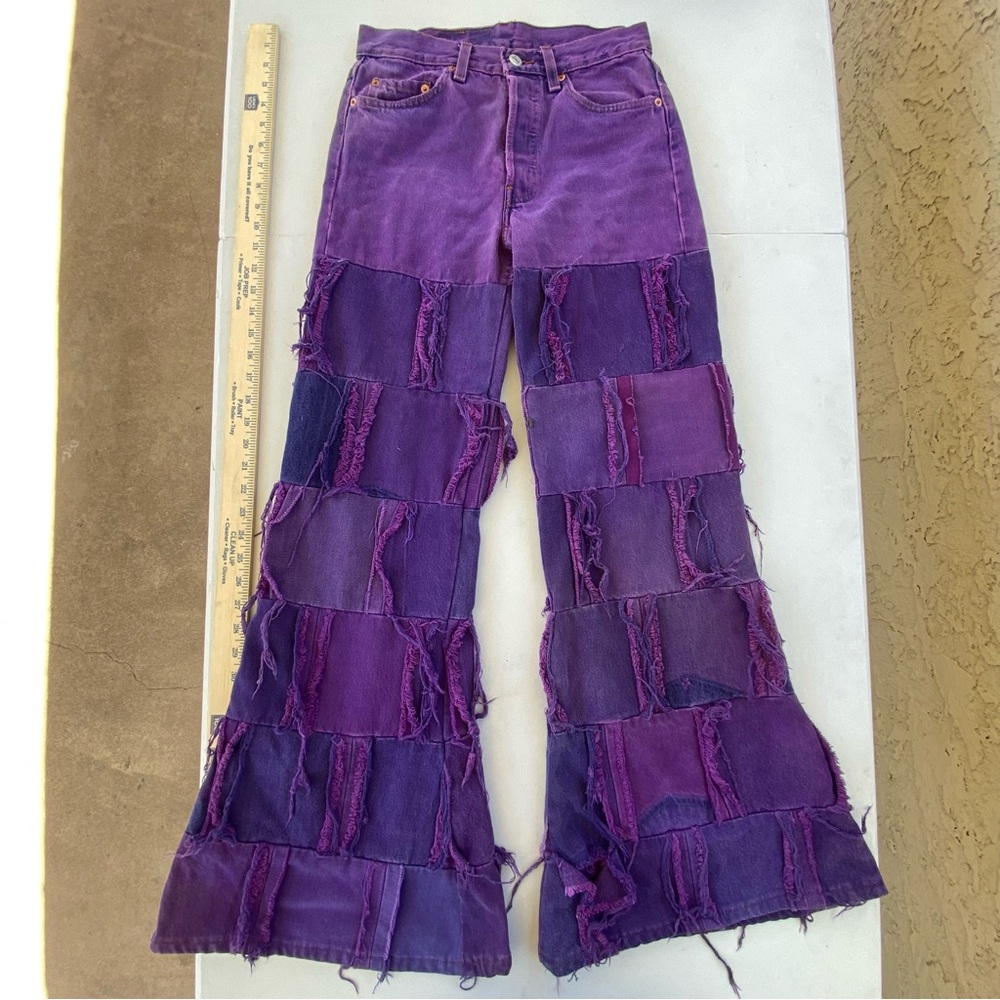 Custom Levi’s 501 Bell Bottoms Patchwork Purple Flared Jeans size 28 6x30